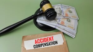 Satisfied personal injury client celebrating successful settlement with attorney