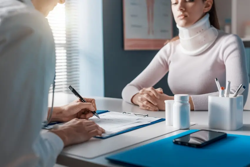 Doctor examining injured patient during medical consultation after accident for personal injury claim documentation