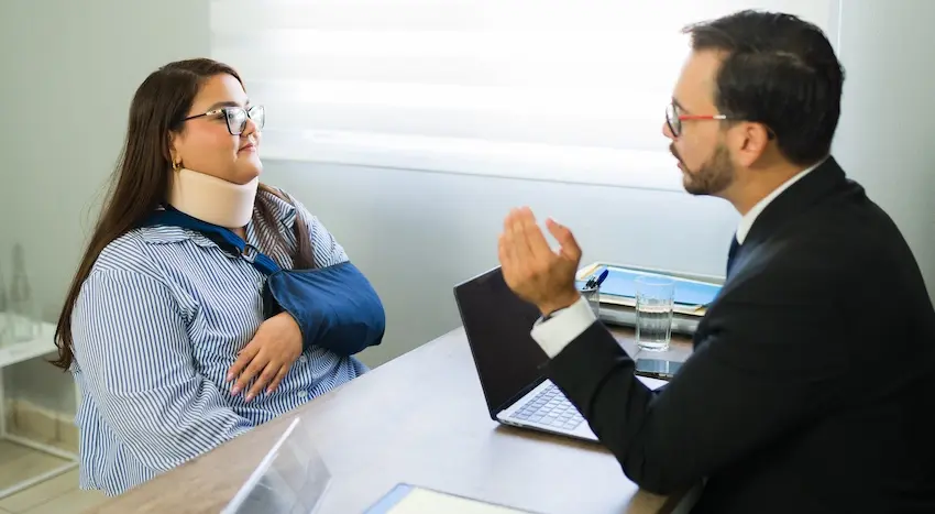 A woman wearing a neck brace and arm sling listens attentively as a male attorney in glasses gestures while explaining her legal options at a desk with a laptop depicting an injured client receiving guidance on her rights under personal injury law at Ross Moore Law in Tennessee.