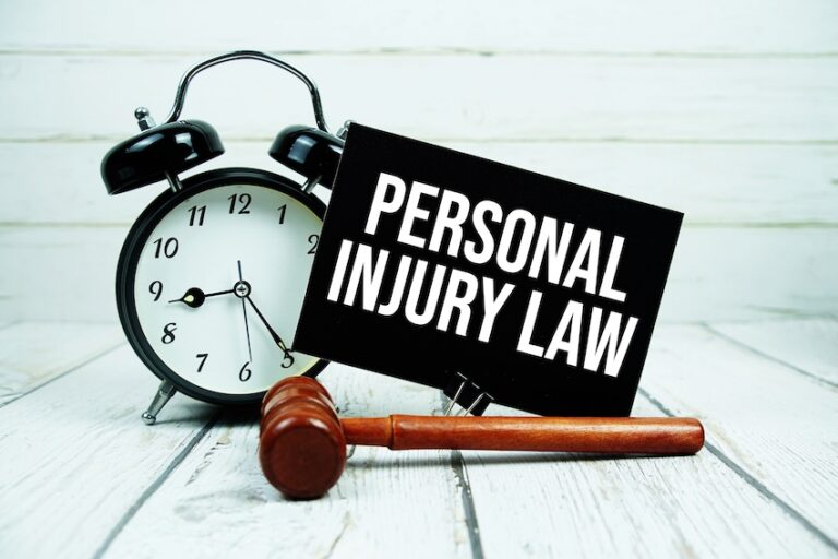 A black card printed with the words Personal Injury Law leans against a classic alarm clock beside a wooden gavel on a white plank surface representing the time-sensitive legal deadlines that injured victims must be aware of when pursuing a claim under personal injury law at Ross Moore Law in Tennesse.