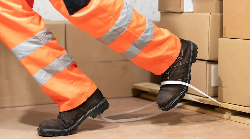A warehouse worker's shoe got caught around a plastic tag which caused him to fall onto the floor demonstrating workplace accident covered under personal injury law in Georgia.