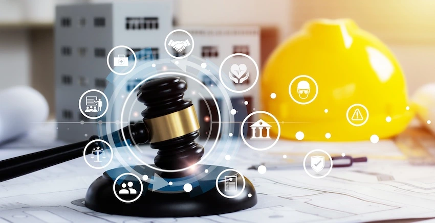 A yellow hard hat and gavel represent a construction accident lawyer.