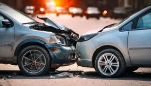 Car accident attorney case showing front-end collision between two vehicles with severe damage and debris on the roadway.