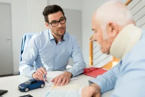 Smyrna car accident attorney consulting with an injured elderly client wearing a neck brace while reviewing insurance documents.