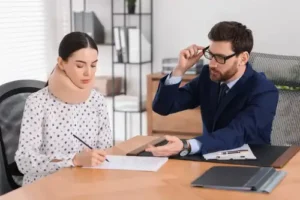 Client signing rideshare accident claim paperwork with an attorney during a legal consultation meeting.