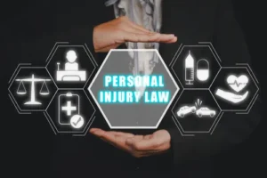 Digital illustration of personal injury law concept showing interconnected hexagonal icons for legal representation, medical care, and accident cases.