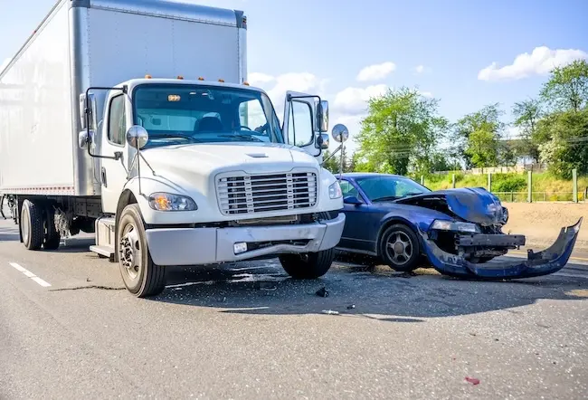 Damaged blue sedan with crushed front end after a commercial vehicle crash with a white delivery truck.